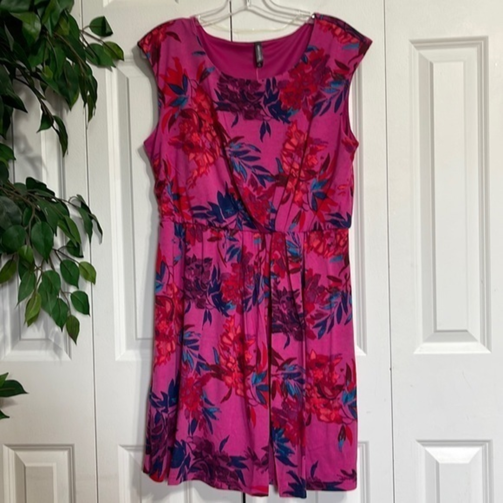 Massini Large Floral Faux Wrap Dress Womens Pink Sleeveless Scoop Neck L Stretch